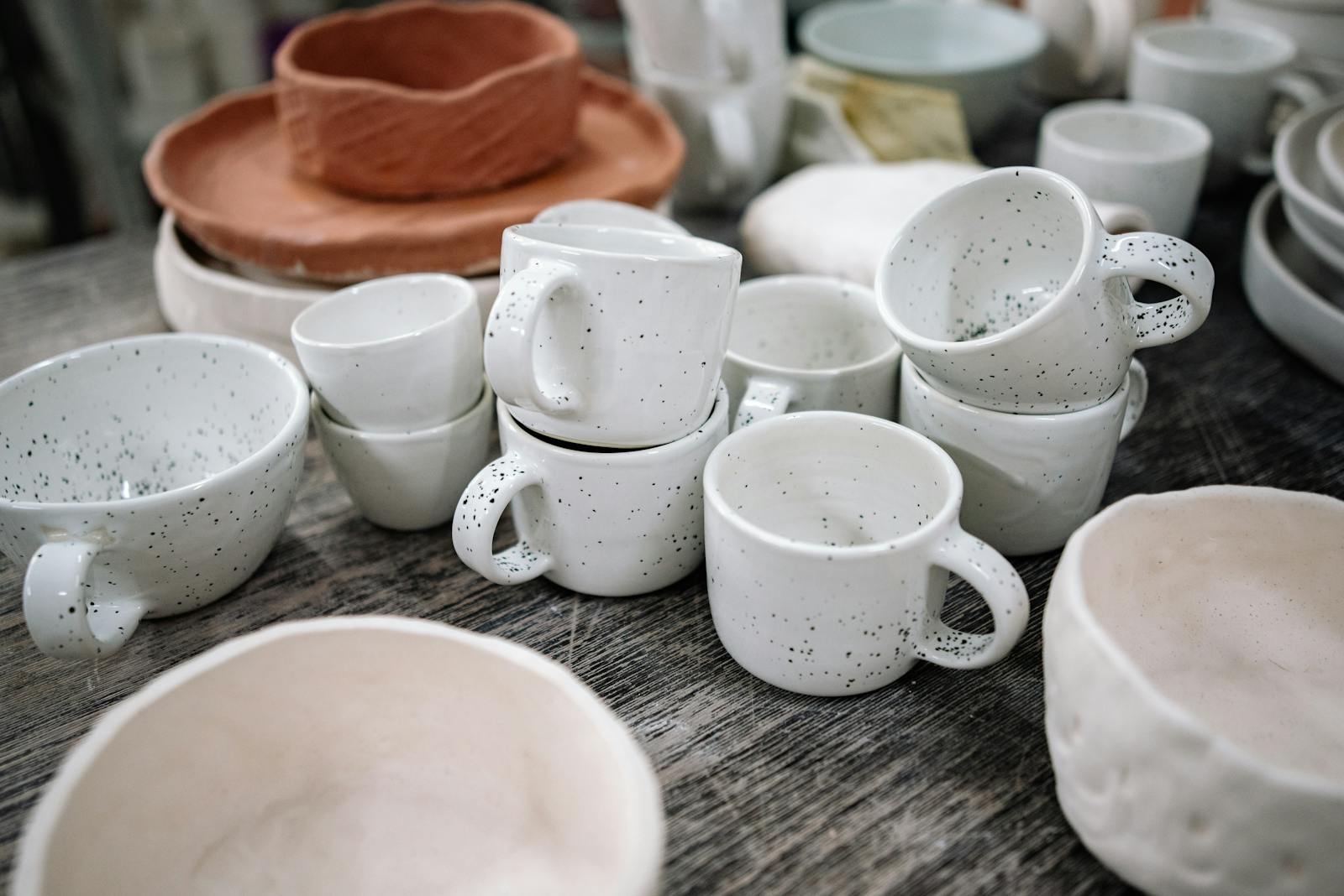 Close-up of Handmade Pottery on Table